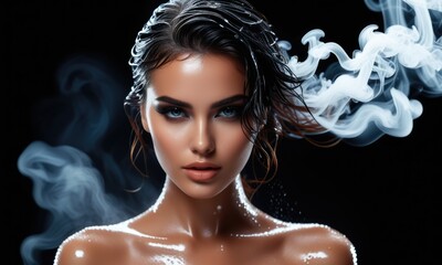 Mystical woman with wet hair and smoke against black background