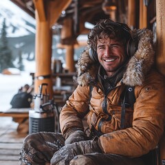 Fototapeta premium A smiling man in winter gear is listening to music outdoors