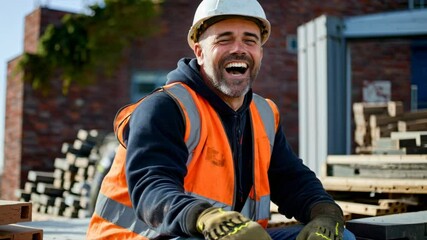 Smiling construction worker in safety gear, captured from a low-angle, highlighting a positive work environment. Suitable for a promotional video.