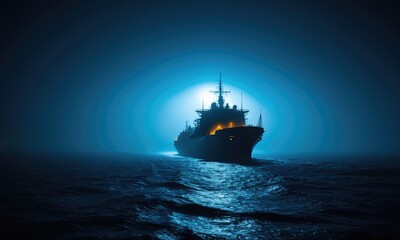 Obraz premium Silhouette of a battleship navigating the ocean under a moonlit night sky