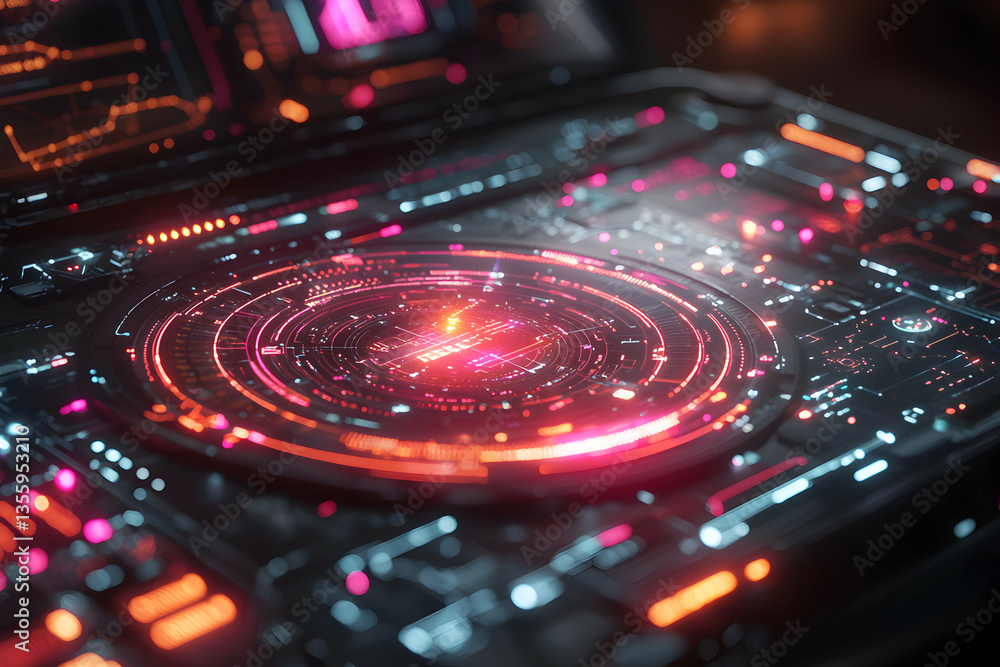 Poster futuristic glowing control panel with circular interface and circuit board details. suitable for sci