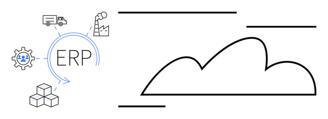 Cloud outline alongside ERP gear, manufacturing plant, warehouse, logistics truck, and product boxes. Ideal for business integration, IT infrastructure, cloud computing, efficiency automation