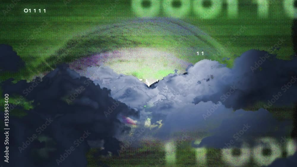 Poster merging clouds with digital numbers in surreal, abstract animation scene