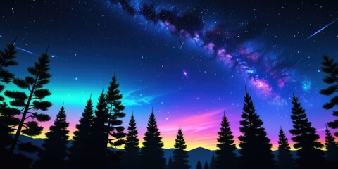 Naklejka premium Vibrant night sky with milky way over pine forest silhouette