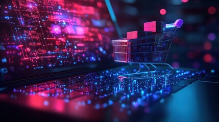 futuristic shopping cart on glowing laptop keyboard showcasing digital commerce concept abstract vision