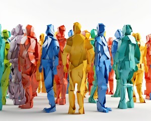 Fototapeta premium Colorful Origami People Stand Together on a White Surface