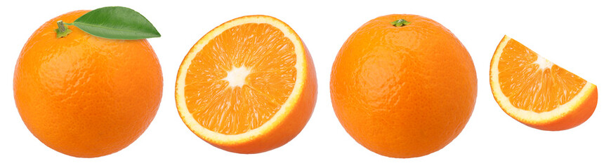 Orange fruit with leaves, half and slices isolated, transparent PNG, collection, PNG format, cut...