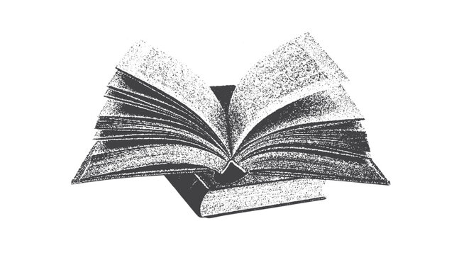 Opened book, collage component featuring an old-fashioned stipple photocopy effect. Book, antique stipple photocopy effect collage element, with retro grainy texture  y2k collage design