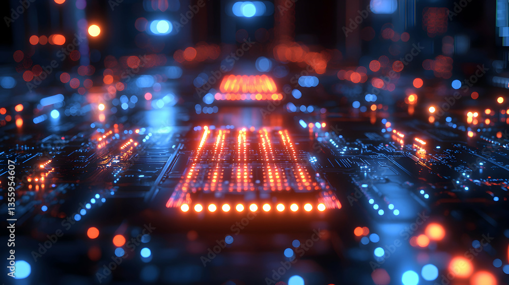 Poster a captivating digital rendering showing an illuminated circuit board with orange and blue lights. id