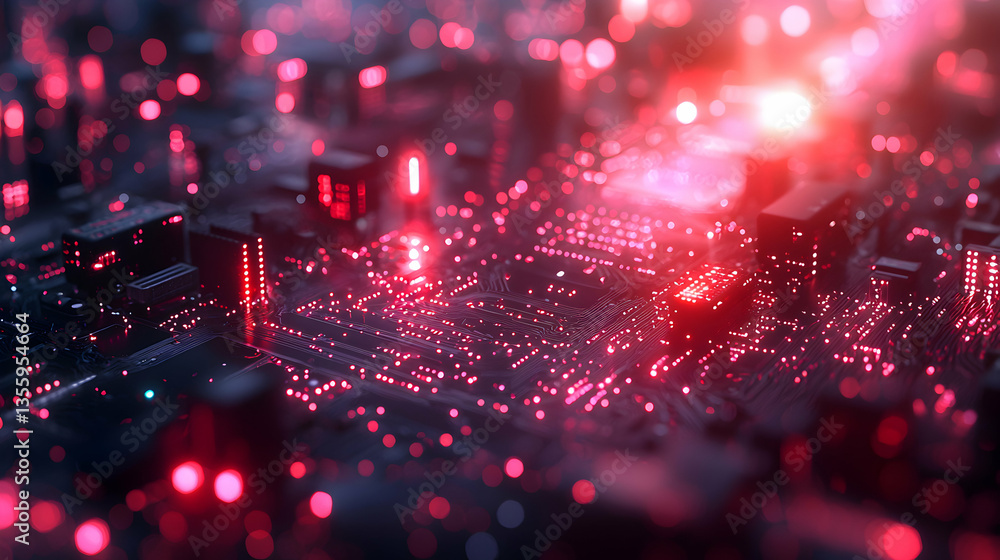 Poster intricate circuitry glows red depicting data flow. ideal for tech articles backgrounds or showcasing