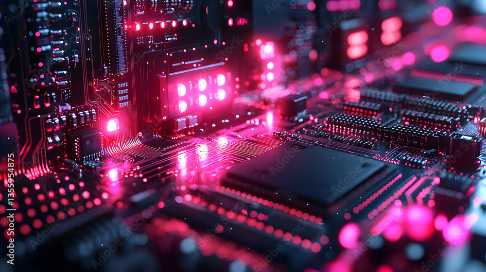 Poster futuristic circuit board design illuminated by neon red light. perfect for tech presentations abstra