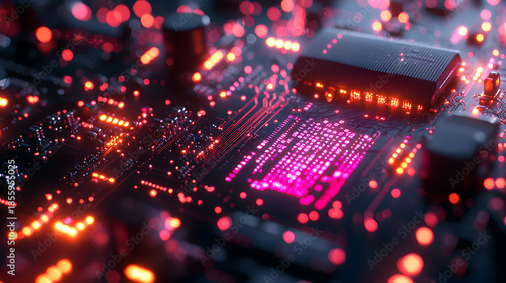 Poster a glowing circuit board showing the flow of data. perfect for technology presentations. use it for w