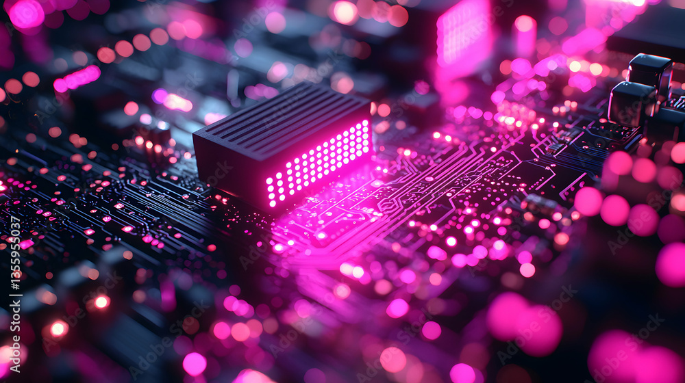 Poster a macro shot of a glowing circuit board with pink lights. it showcases digital technology and comput