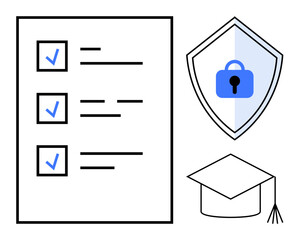 Checklist with three marked items, shield with lock representing security, and graduation cap illustrating education. Ideal for learning, certification, compliance, cybersecurity, secure education