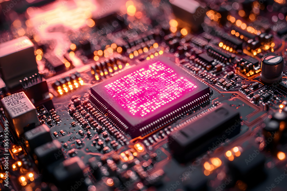 Poster a detailed shot of a computer circuit board with a glowing central processor. it has an abstract fee