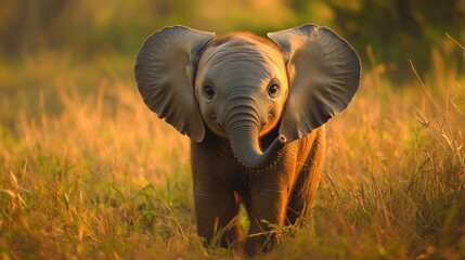 an adorable baby elephant exploring the golden grassy plains during a warm african sunset