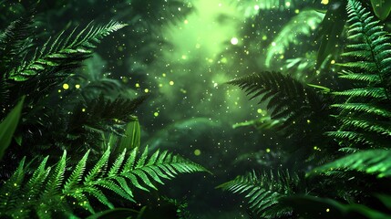 Lush Green Ferns in Enchanted Forest with Soft Light and Sparkles