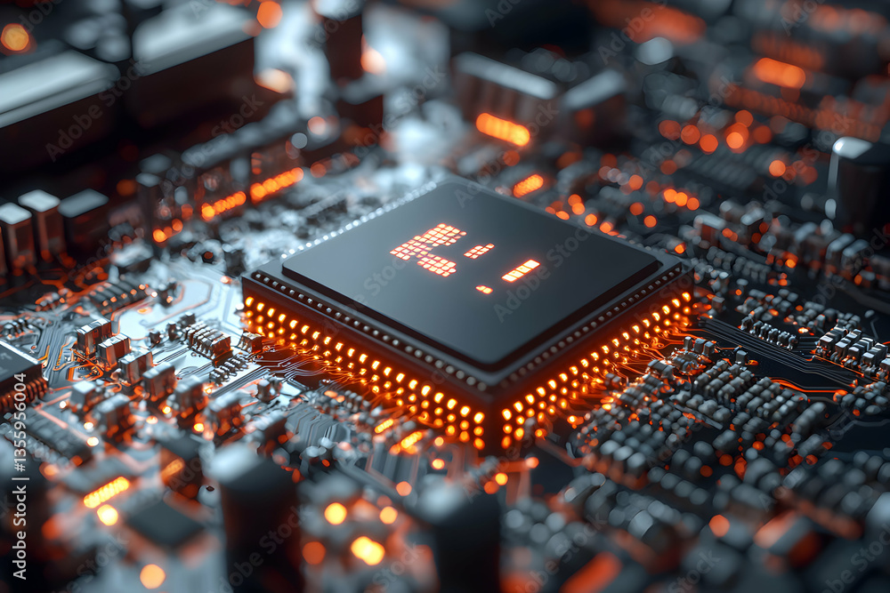 Poster an abstract close-up view of a computer circuit board featuring an illuminated processor. suggesting