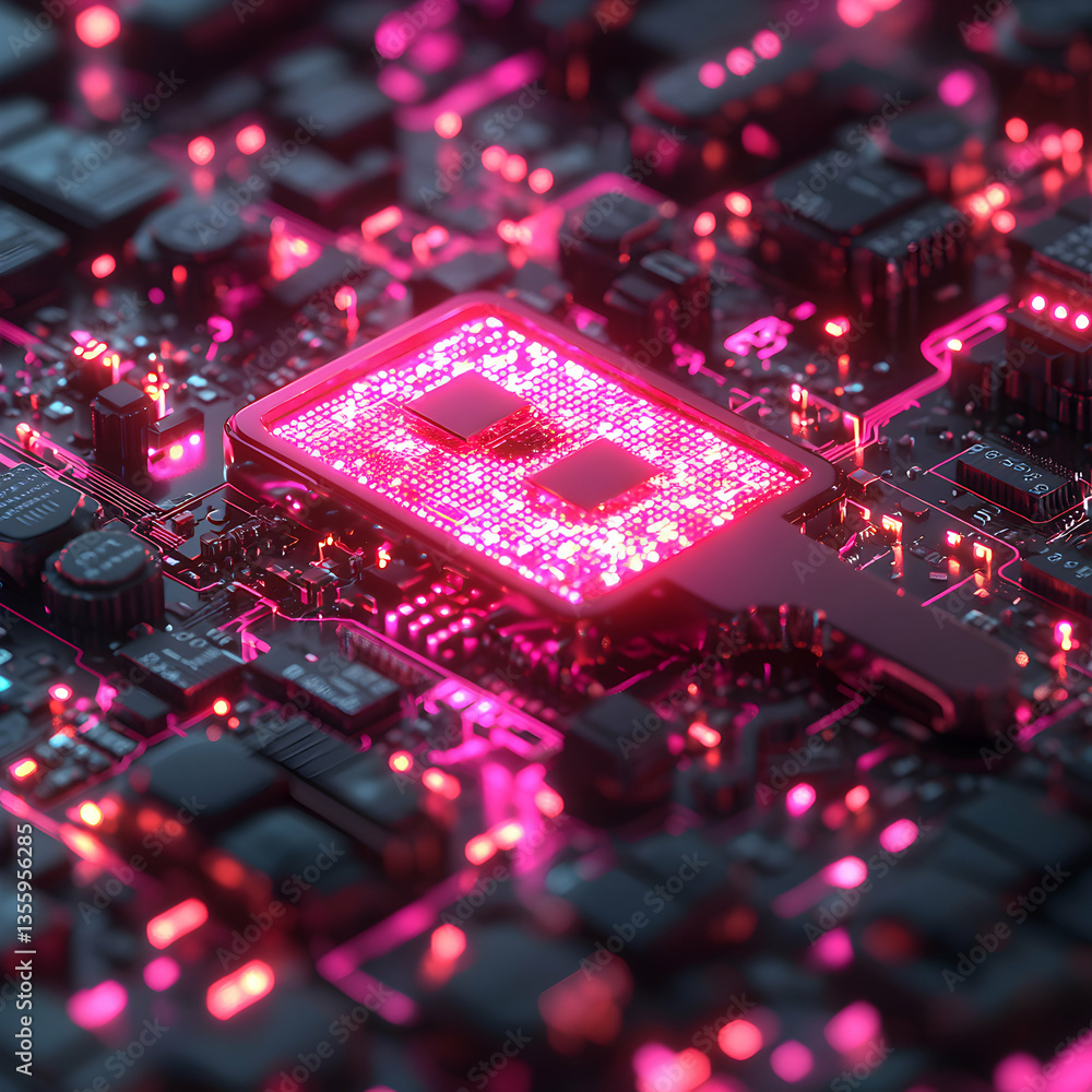 Poster a glowing pink key-shaped circuit board on a black circuit board. it may represent digital security 