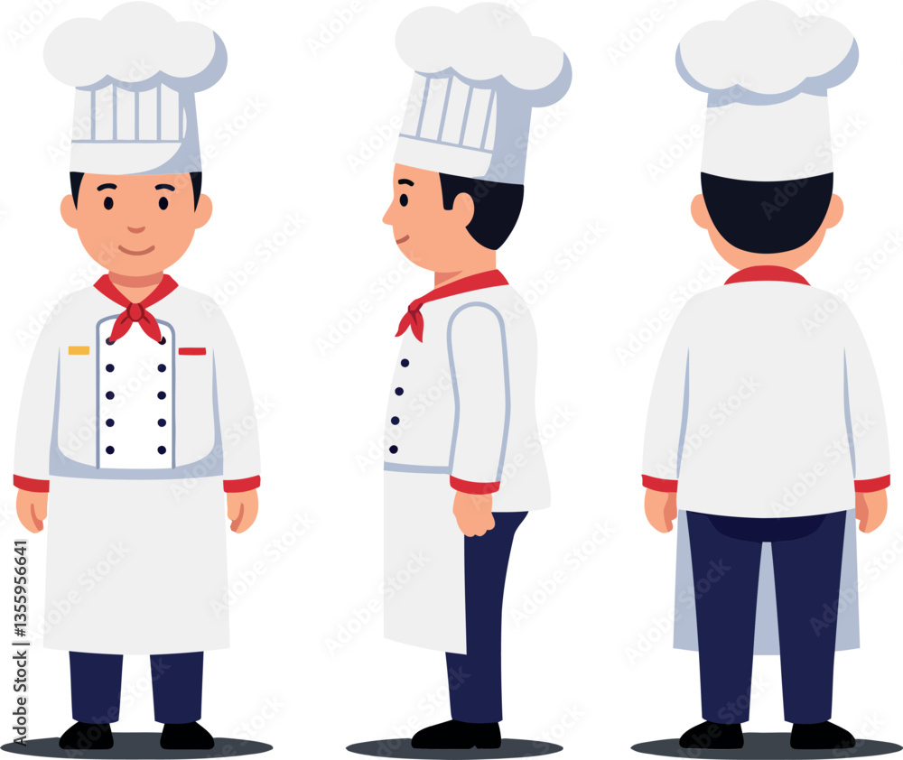 Poster chef character in white uniform with hat, showcasing multiple angles in flat design style, cheerful 