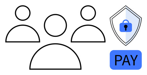 Three abstract human icons, a shield with a lock, and PAY text block. Ideal for online security, digital payments, teamwork, data protection, user authentication, e-commerce safety abstract line
