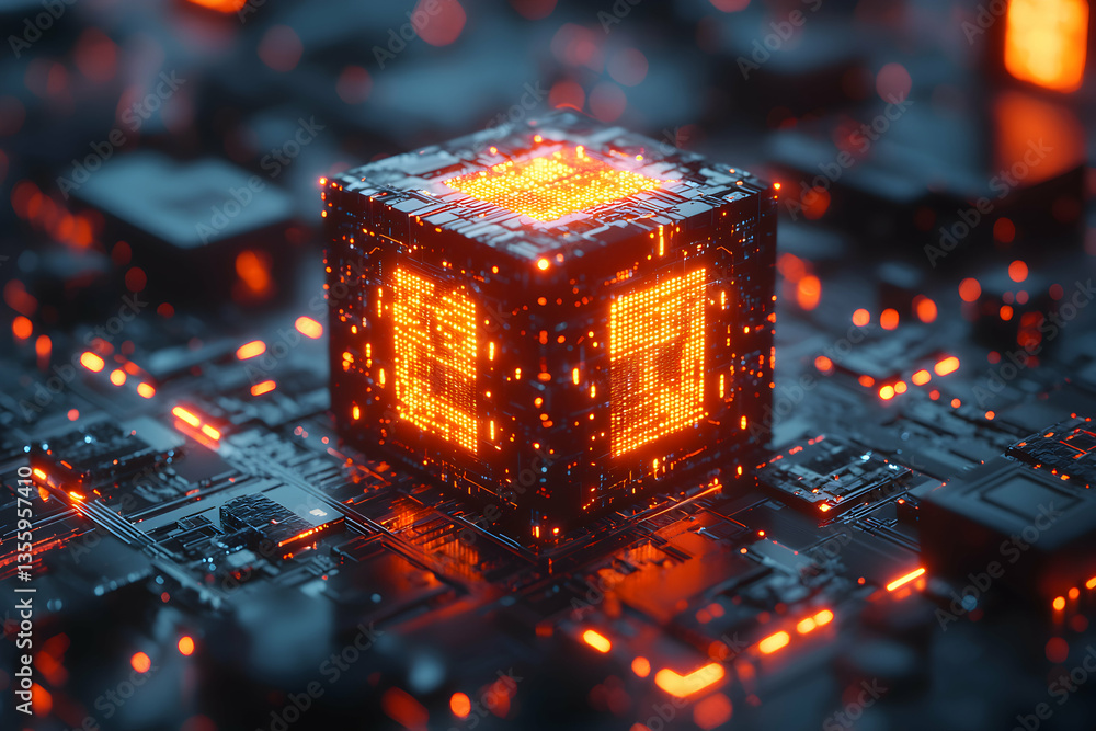 Poster a glowing data cube rests on a circuit board. it represents advanced technology or data processing. 