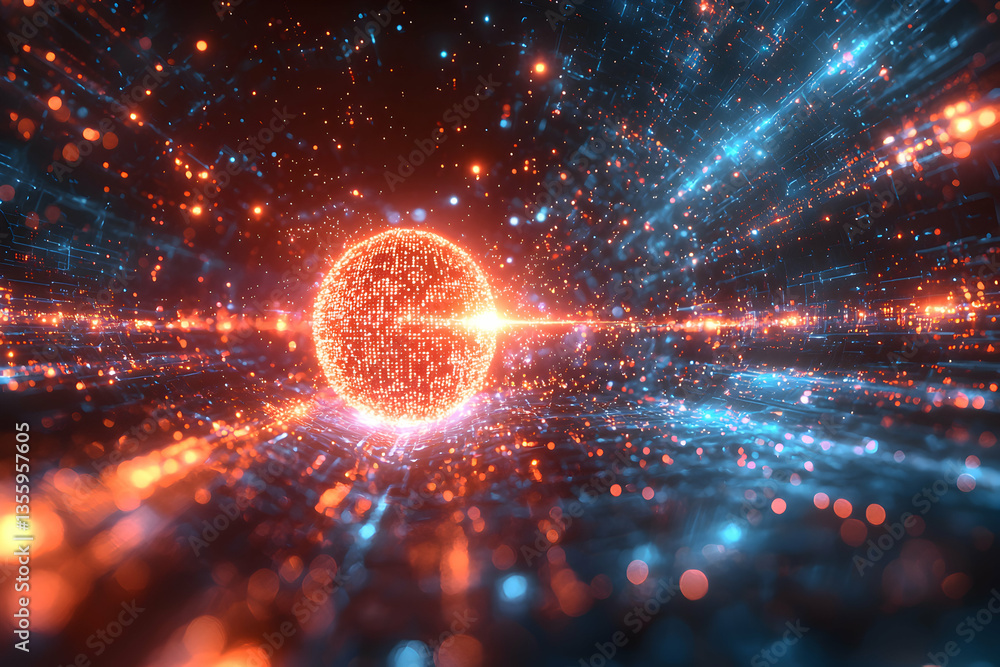 Poster a digital sphere pulses with data in a vibrant landscape of interconnected lines and particles. this