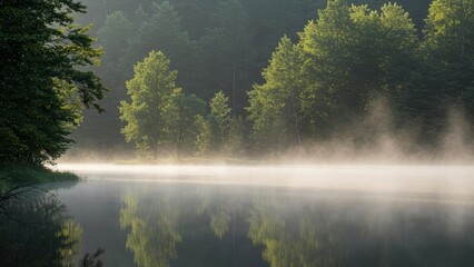 Fototapeta premium Misty river surrounded by lush green trees, evoking tranquility.