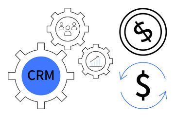 Gear system connecting CRM, analytics, and money symbols. Ideal for customer management, financial strategies, business planning, automation, efficiency data analysis revenue growth concepts. Flat