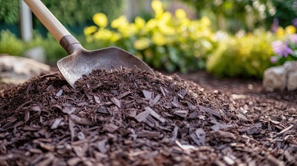 Shovel with mulch pile, yellow, purple flowers, and green bushes background. Great for gardening, landscaping and nature projects use to protect the soil.