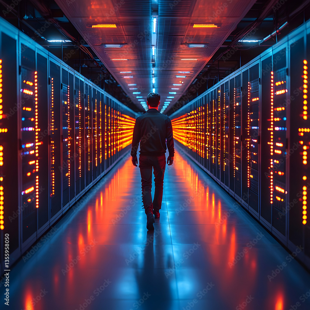 Poster a person walks down a data center hallway surrounded by servers. the scene is illuminated by red and