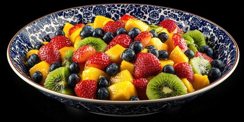 A vibrant bowl of mixed fruit salad, featuring strawberries, kiwis, mangoes, and blueberries, drizzled with honey