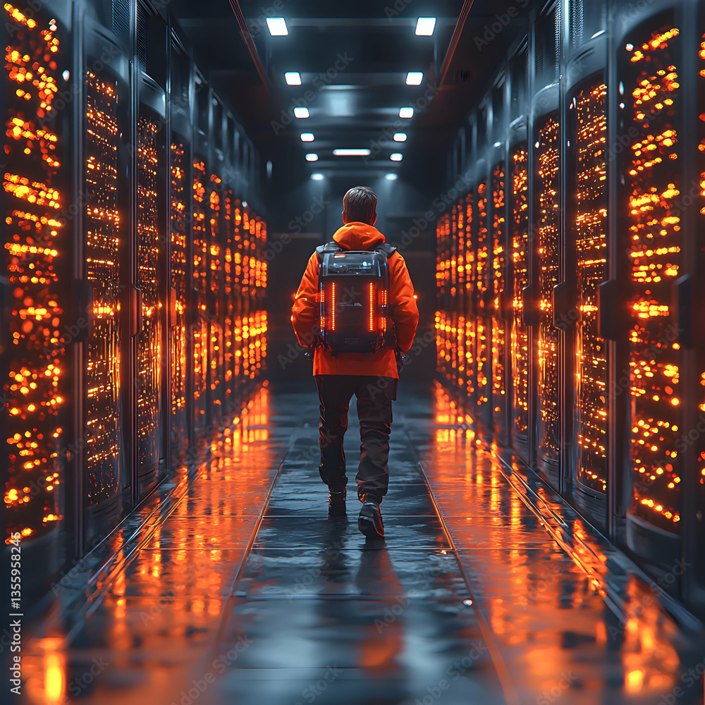 Poster a person walks through a data center with servers glowing orange. the environment seems futuristic a