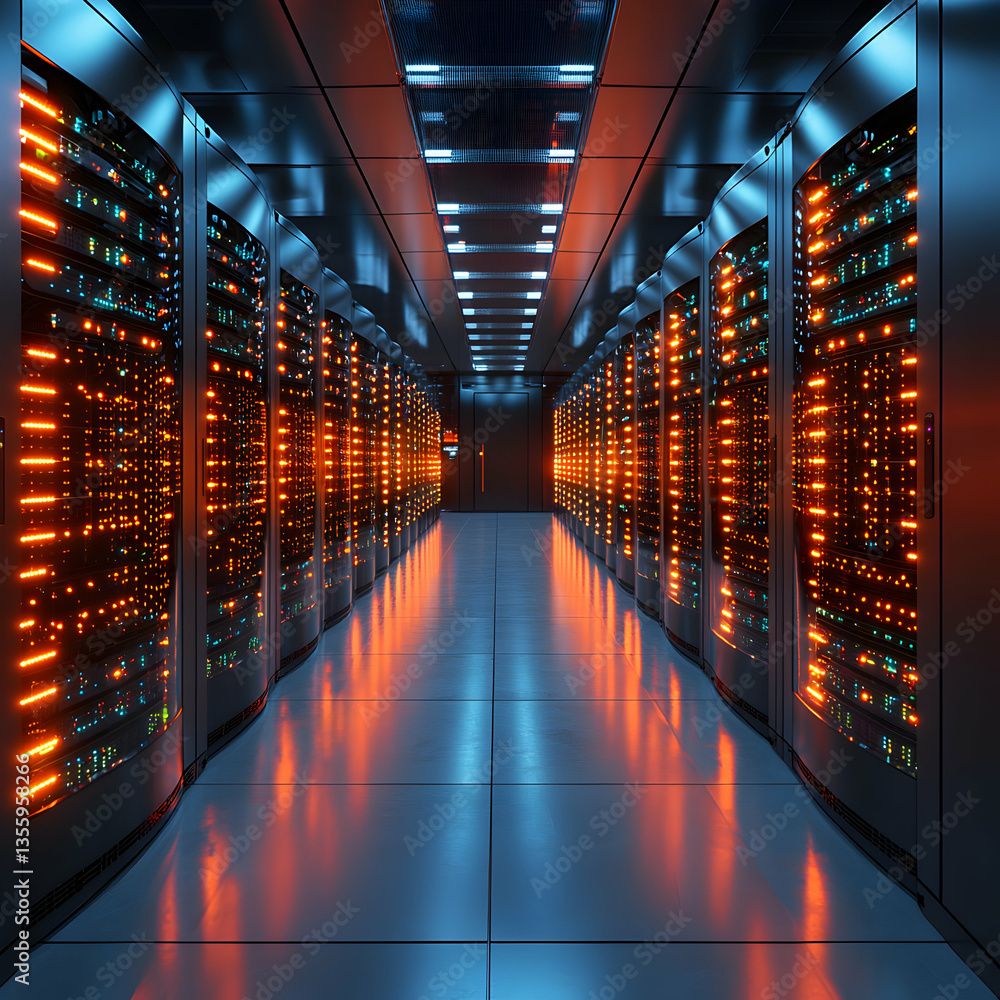Poster a data center showcasing servers with orange and blue lighting. it is a futuristic technology and da