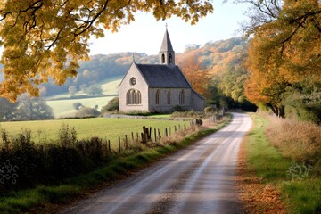 Obraz premium Country road leading to a church in autumn landscape