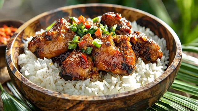 A wooden bowl filled with white rice, surrounded by chicken sizzling in oil and spices on the side, generative AI