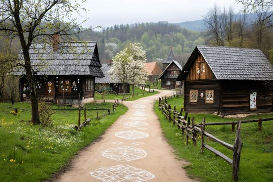 Path with white decorations leading through the idyllic rural village of Kumrovec in Zagorje, Croatia