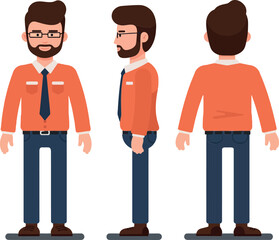 Obraz premium Professional man in three-quarter view wearing an orange shirt and tie, minimal flat vector art