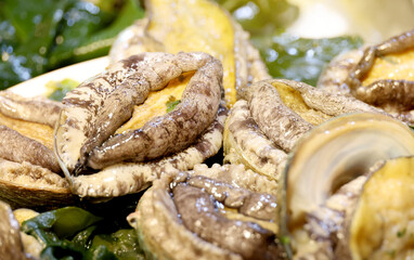 한국의 수산시장 가판대에 진열된 전복