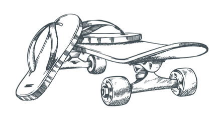 Vector monochrome illustration of skateboard with slippers. Drawing in free and stripped lines.
