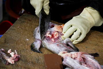 한국의 수산시장 가판대에서 아귀를 손질하는 상인의 손