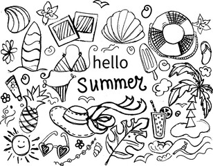  hand drawn doodle set of vacation on the beach