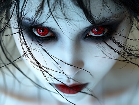 A close up portrait of a pale face with striking red eyes