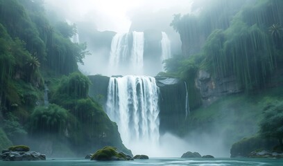 Fototapeta premium Serene Waterfall Cascading Majestically Down Lush Cliffs Misty Atmosphere. AI Generated
