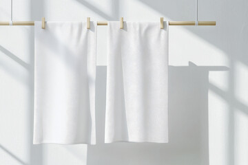 Fresh white towels hanging on minimalist rack, showcasing gentle care and simplicity
