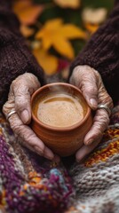 Elderly hands hold a warm drink outdoors