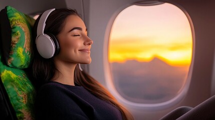 Woman Listening to Music on Airplane Window Seat