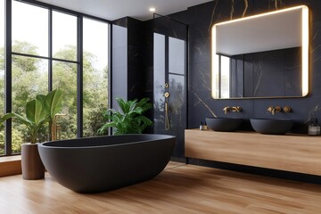 Modern bathroom interior with black marble walls and freestanding bathtub showing a view of the forest