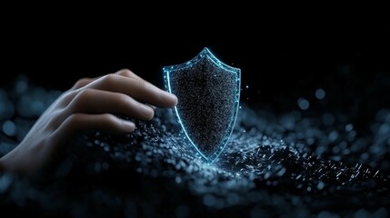 Hand holding a glowing digital shield, symbolizing protection and security.