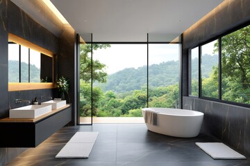 Fototapeta premium Modern bathroom boasting a luxurious freestanding bathtub and breathtaking forest views